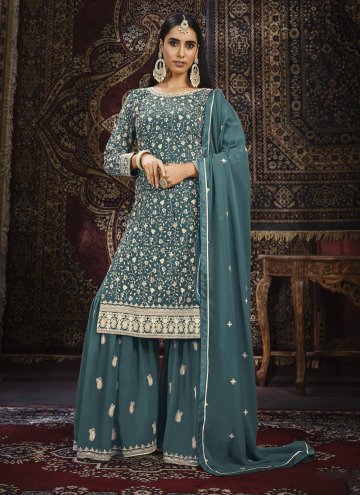 Teal Faux Georgette Embroidered Palazzo Suit for Ceremonial