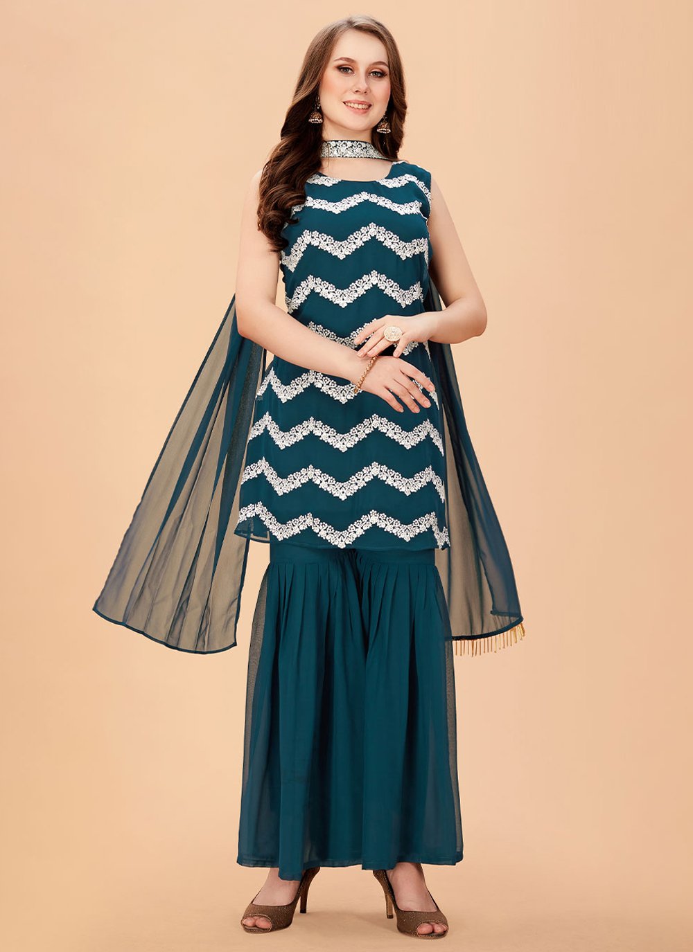 Teal Faux Georgette Embroidered Salwar Suit for Party