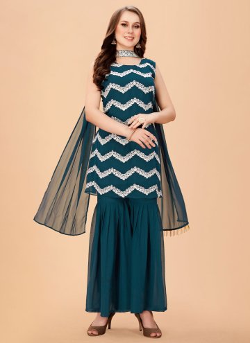Teal Faux Georgette Embroidered Salwar Suit for Pa