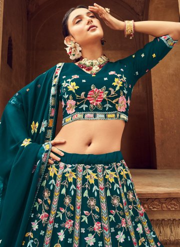 Teal Georgette Embroidered A Line Lehenga Choli for Reception