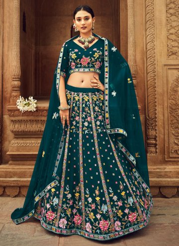 Teal Georgette Embroidered A Line Lehenga Choli for Reception