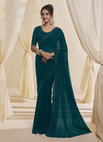Teal Georgette Embroidered Contemporary Saree for 