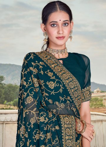 Teal Georgette Embroidered Contemporary Saree for Engagement
