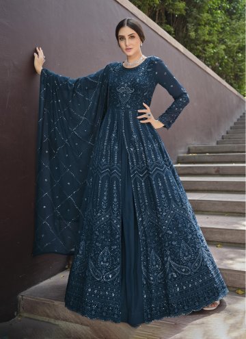 Teal Georgette Embroidered Designer Gown for Festi