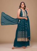 Teal Georgette Embroidered Palazzo Suit - 1