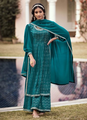 Teal Georgette Embroidered Salwar Suit for Mehndi