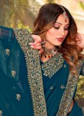 Teal Georgette Embroidered Trendy Saree for Ceremonial - 1