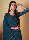Teal Georgette Sequins Work Palazzo Suit for Casual - 1