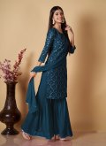 Teal Georgette Sequins Work Palazzo Suit for Casual - 3