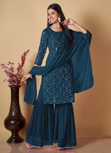 Teal Georgette Sequins Work Palazzo Suit for Casual