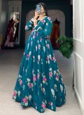 Teal Gown in Georgette with Floral Print - 1