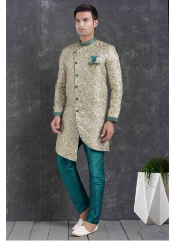Teal Jacquard Silk Printed Indo Western for Ceremonial