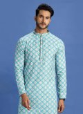Teal Kurta Pyjama in Cotton  with Digital Print - 2