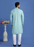 Teal Kurta Pyjama in Cotton  with Digital Print - 3