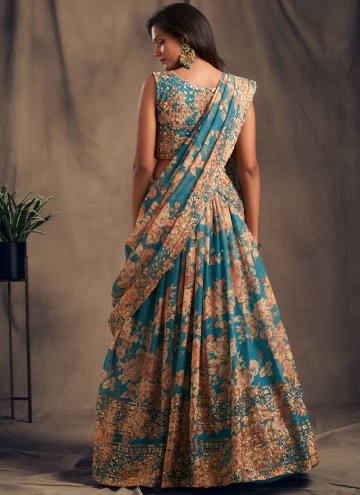 Teal Lehenga Choli in Organza with Embroidered