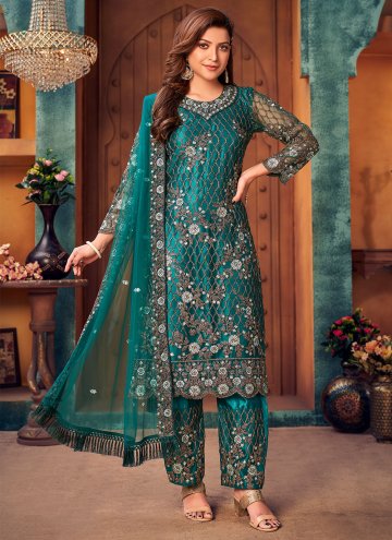 Teal Leyered Salwar Suit in Net with Embroidered