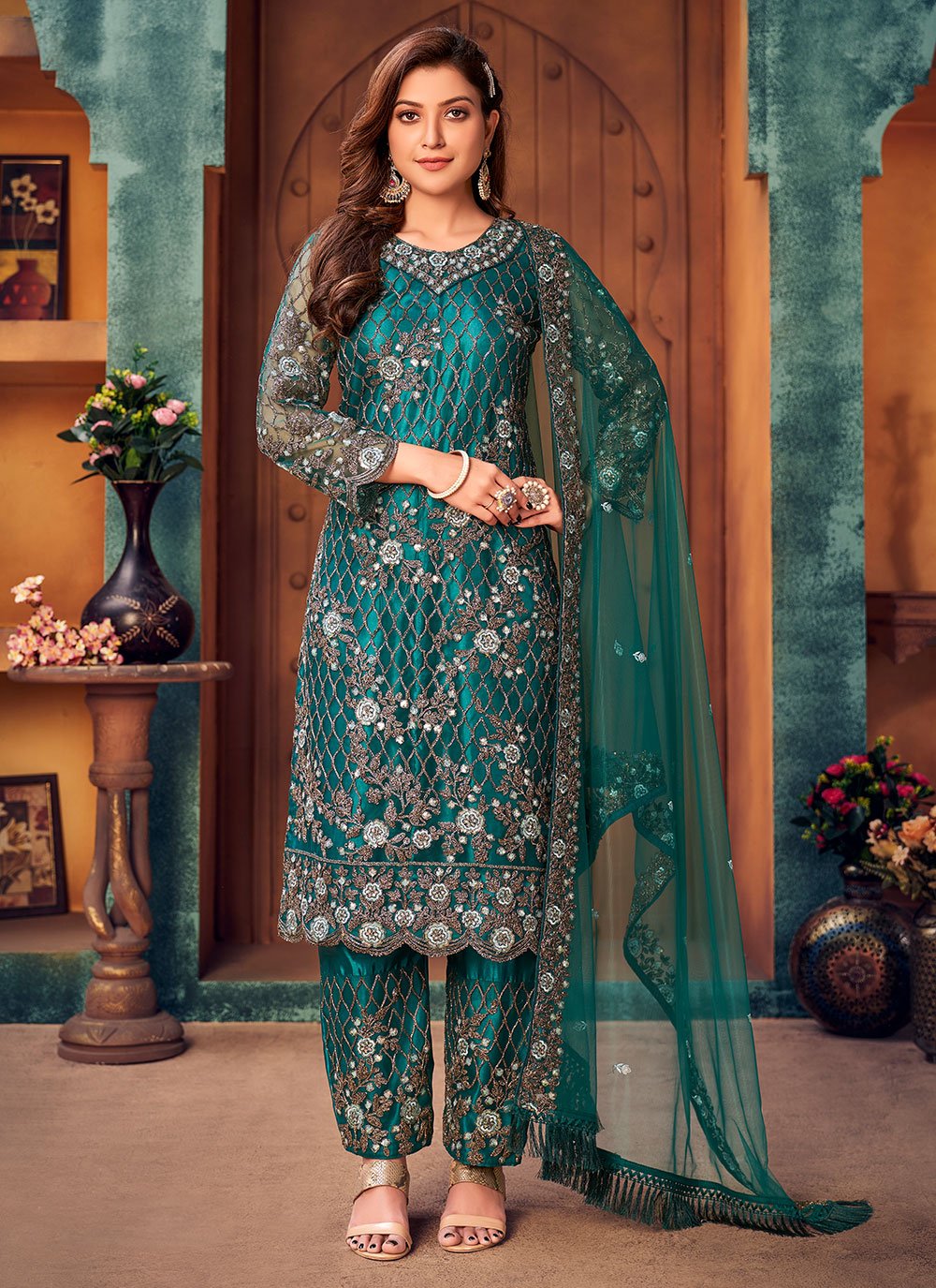 Teal Leyered Salwar Suit in Net with Embroidered