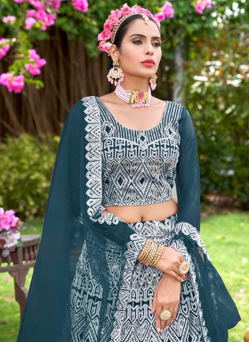 Teal Net Embroidered A Line Lehenga Choli for Ceremonial