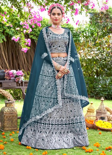 Teal Net Embroidered A Line Lehenga Choli for Cere