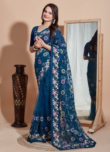 Teal Net Embroidered Classic Designer Saree for Ce