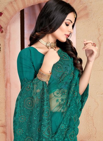 Teal Net Embroidered Classic Designer Saree for Festival