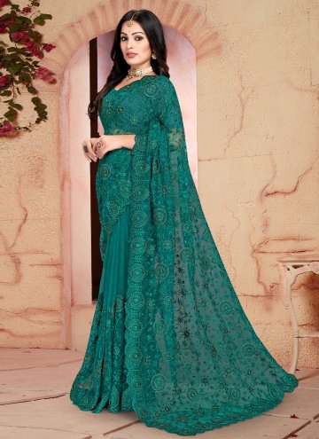 Teal Net Embroidered Classic Designer Saree for Fe