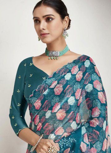 Teal Organza Embroidered Trendy Saree