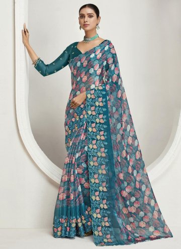 Teal Organza Embroidered Trendy Saree