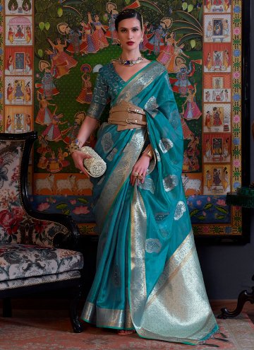 Teal Organza Woven Classic Designer Saree for Party