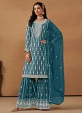 Teal Palazzo Suit in Faux Georgette with Embroidered - 1
