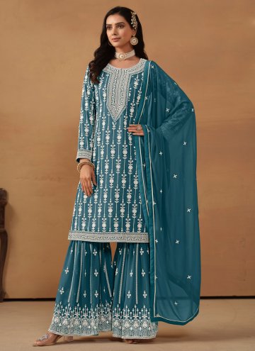 Teal Palazzo Suit in Faux Georgette with Embroidered