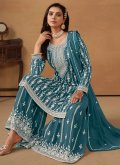 Teal Palazzo Suit in Faux Georgette with Embroidered - 2