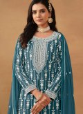Teal Palazzo Suit in Faux Georgette with Embroidered - 3