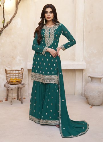 Teal Palazzo Suit in Georgette with Embroidered