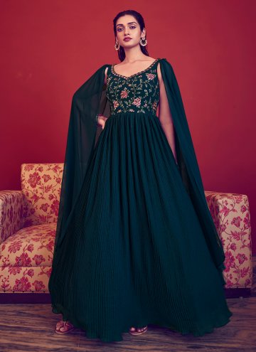 Teal Readymade Designer Gown in Georgette with Emb