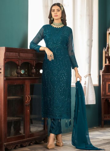 Teal Salwar Suit in Faux Georgette with Embroidere