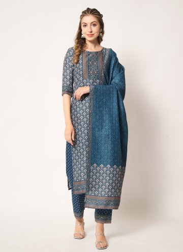 Teal Salwar Suit in Muslin with Embroidered