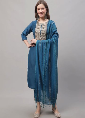 Teal Salwar Suit in Silk Blend with Embroidered