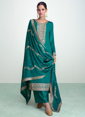 Teal Salwar Suit in Silk with Embroidered