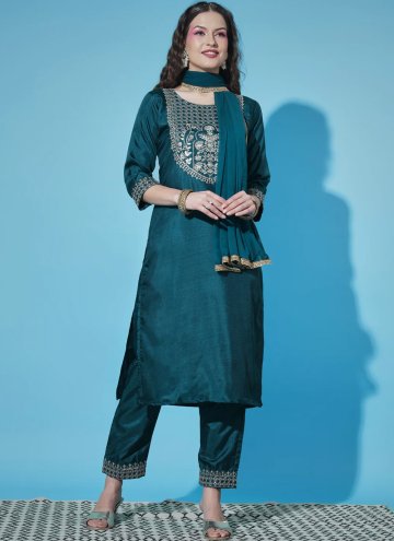 Teal Silk Blend Embroidered Salwar Suit for Festiv