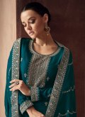 Teal Silk Embroidered Trendy Salwar Kameez for Engagement - 1