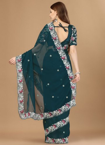 Teal Silk Embroidered Trendy Saree