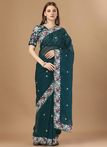 Teal Silk Embroidered Trendy Saree
