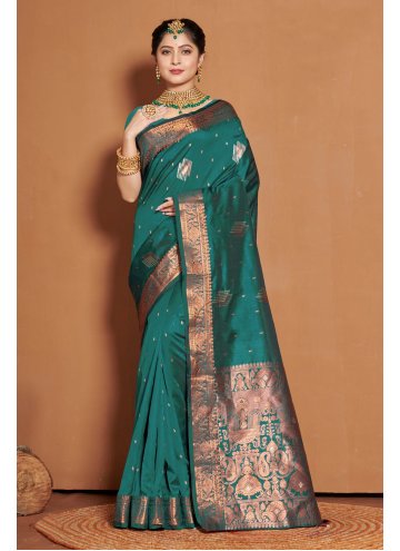Teal Traditional Saree in Banarasi with Embroidered