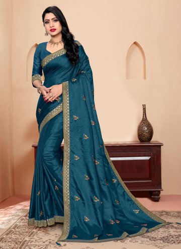 Teal Traditional Saree in Vichitra Silk with Booti
