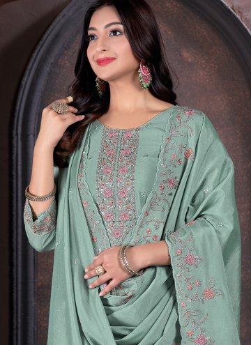 Teal Trendy Salwar Kameez in Chinon with Embroidered