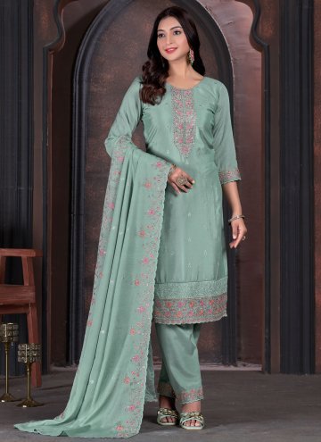Teal Trendy Salwar Kameez in Chinon with Embroider