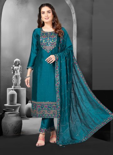 Teal Trendy Salwar Kameez in Silk with Embroidered