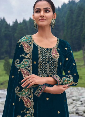 Teal Trendy Salwar Kameez in Velvet with Embroidered