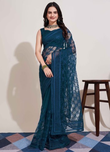 Teal Trendy Saree in Net with Embroidered